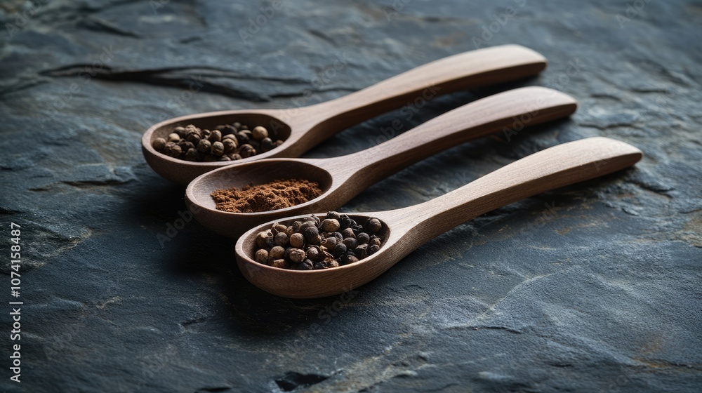 Wooden Spoons Filled with Various Spices on Dark Stone Surface, Capturing the Essence of Culinary Artistry and Natural Ingredients in a Rustic Kitchen Setting Wooden Spoons Filled with Various Spices on Dark Stone Surface, Capturing the Essence of Culinary Artistry and Natural Ingredients in a Rustic Kitchen Setting