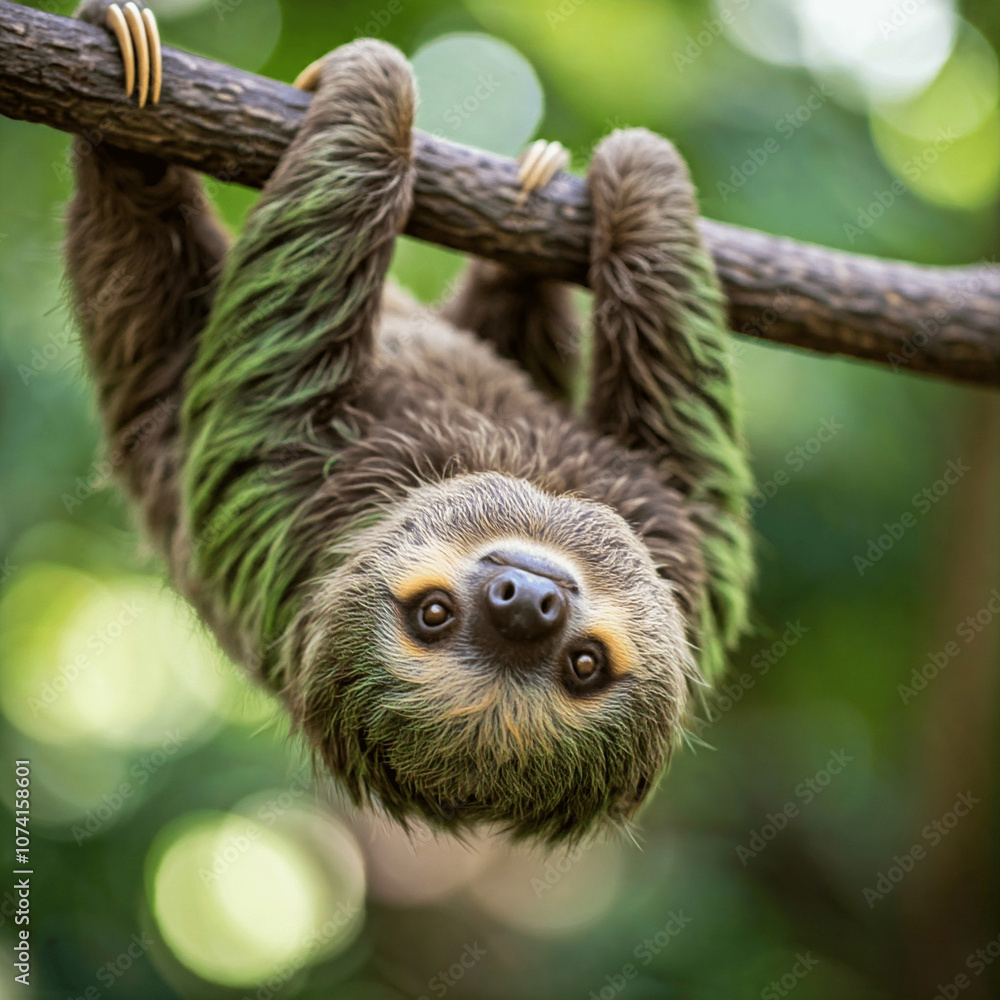 Naklejka premium Did you know that sloths are so slow that algae can grow on their fur? 🌿 These green hitchhikers help sloths blend into the trees!