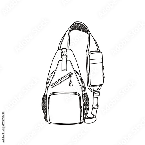 Sling bag for men crossbody chest bag sling backpack travel hiking daypack sports bag vector icon line art. An editable vector design of a sling bag crossbody bag. Isolated on a white background.