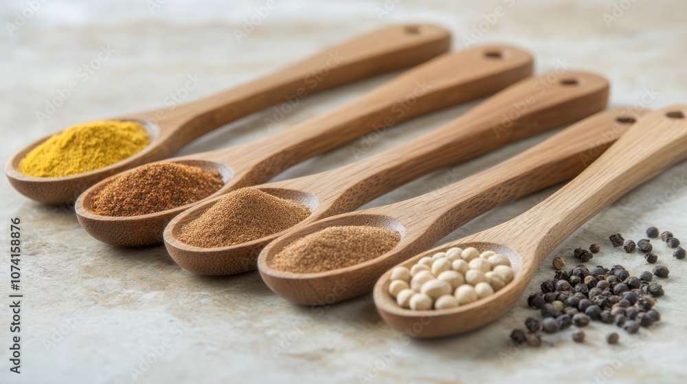 Collection of Various Colorful Spices in Wooden Spoons Arranged on a Neutral Gray Surface for Culinary Art and Food Photography Inspiration Collection of Various Colorful Spices in Wooden Spoons Arranged on a Neutral Gray Surface for Culinary Art and Food Photography Inspiration