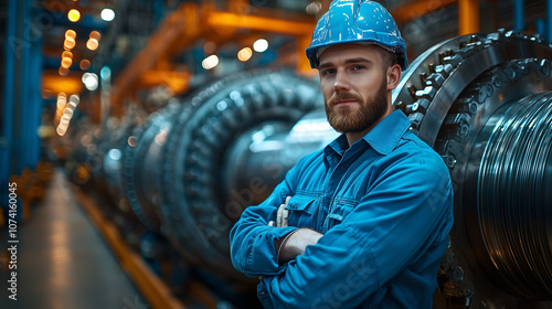 Industrial technician in safety gear inspecting large turbine machinery in factory