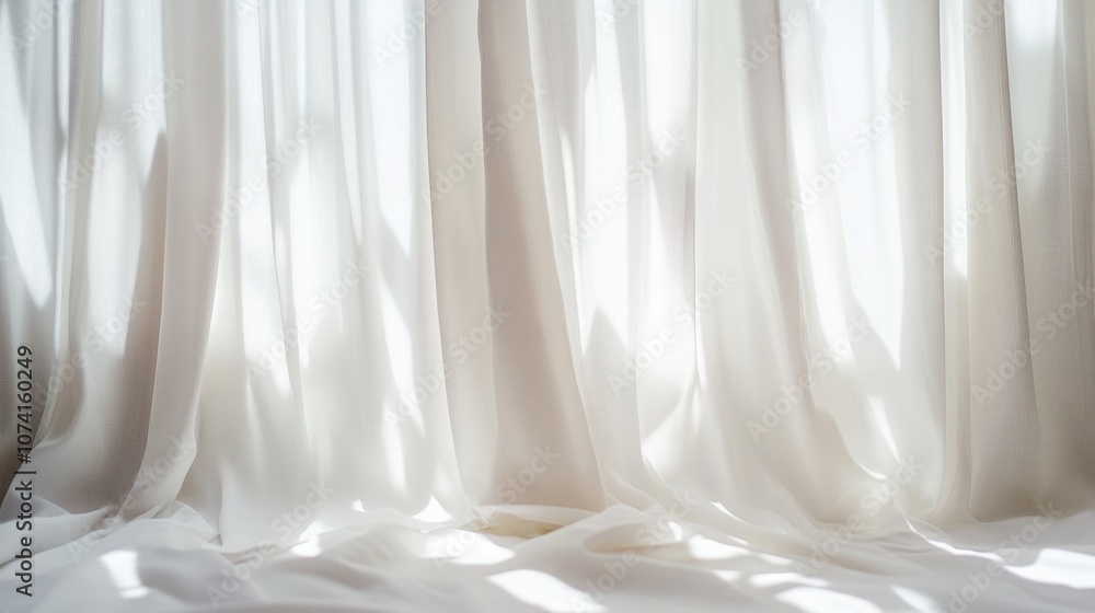 Modern white curtains with a metallic sheen, softly glowing under ambient light, adding elegance Modern white curtains with a metallic sheen, softly glowing under ambient light, adding elegance