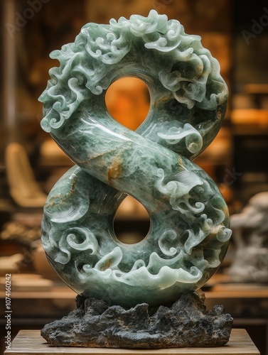 Elegant Jade Sculpture in the Shape of Number Eight with Intricate Carvings on Display in Art Gallery Setting