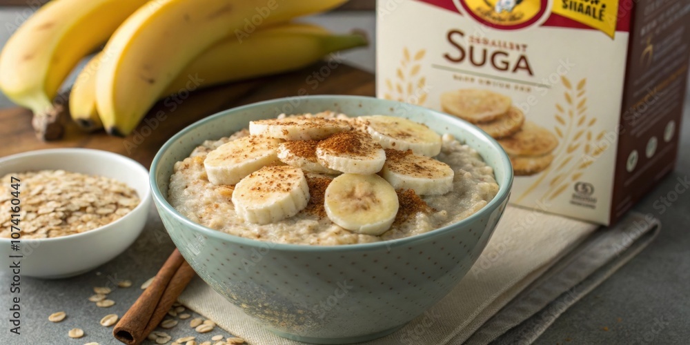 Breakfast Options A closeup of a bowl of rolled oats topped with sliced banana and a sprinkle of cinnamon next to a box of sugary cereal demonstrating a wholesome breakfast choice. Breakfast Options A closeup of a bowl of rolled oats topped with sliced banana and a sprinkle of cinnamon next to a box of sugary cereal demonstrating a wholesome breakfast choice.