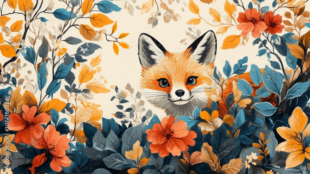 The cute little fox hides among the leaves, surrounded by colorful flowers and trees, creating a charming forest scene. The beige background accentuates the warm earthy tones The cute little fox hides among the leaves, surrounded by colorful flowers and trees, creating a charming forest scene. The beige background accentuates the warm earthy tones