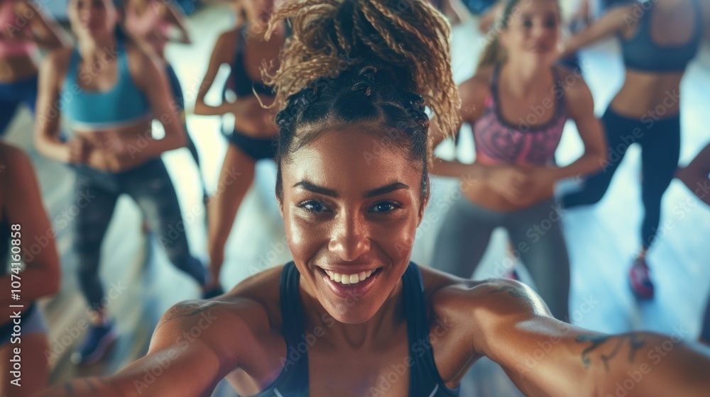 A fitness class instructor leading a workout class filled with enthusiastic participants all excited for the challenge of Dry January. A fitness class instructor leading a workout class filled with enthusiastic participants all excited for the challenge of Dry January.
