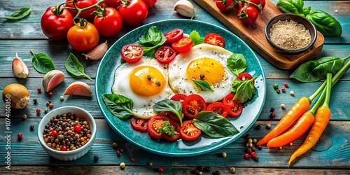 Tabletop View of Delicious Fried Eggs Surrounded by Fresh Vegetables and Colorful Spices, Perfect for Healthy Breakfast Ideas and Meal Prep Inspiration