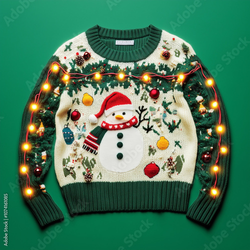 Ugly christmas sweater with lights, isolated on red background.santa, ugliest xmas sweater ever made. Tacky sweater with snowman theme design