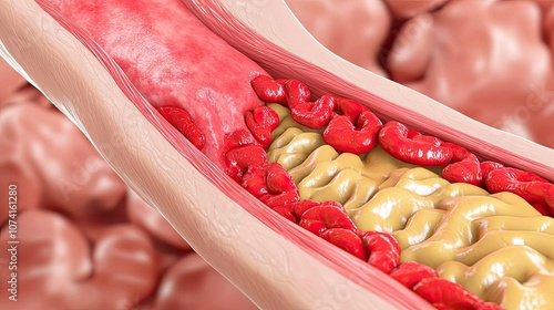 Detailed view of blood vessel with plaque buildup, isolated on white background. photo