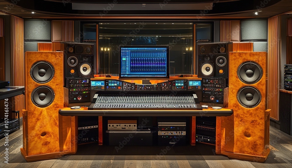 A professional recording studio with a large mixing console and speakers. A professional recording studio with a large mixing console and speakers.