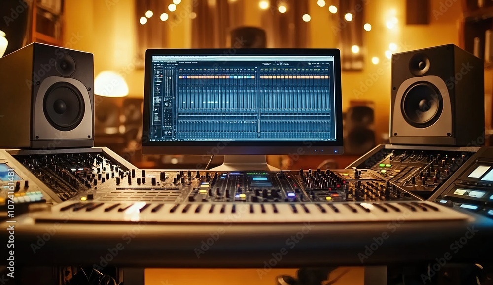 A professional music production studio setup with a computer, mixing board, speakers, and a keyboard. A professional music production studio setup with a computer, mixing board, speakers, and a keyboard.