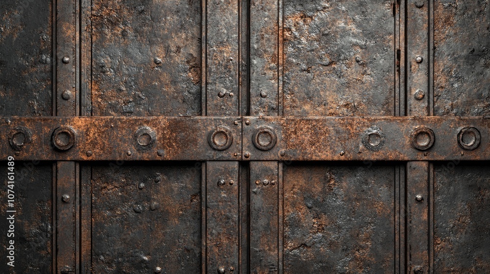Close up of a weathered metal door with a rusty texture featuring a dark vignette for added depth Close up of a weathered metal door with a rusty texture featuring a dark vignette for added depth