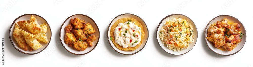A delicious and vibrant spread of Indian dishes including biryani, chicken, samosas, and raita. A delicious and vibrant spread of Indian dishes including biryani, chicken, samosas, and raita.