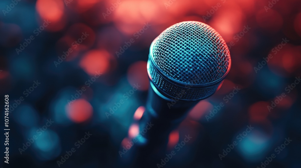 Microphone in a blurred setting providing space for text or lettering with a tinted effect Microphone in a blurred setting providing space for text or lettering with a tinted effect