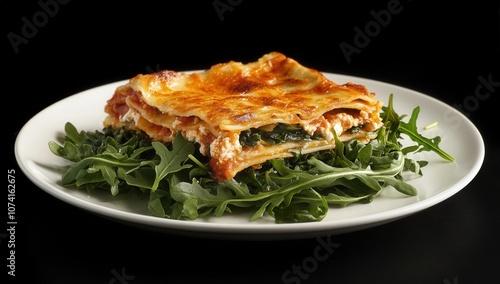 A single serving of baked lasagna topped with arugula on a white plate.