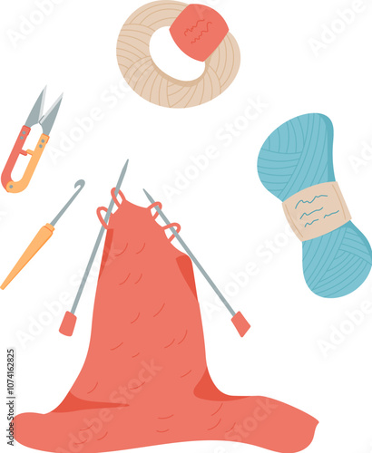 Yarn, sewing, and crochet tools in flat cartoon graphic style. DIY activity for craft lovers, featuring hand tools and creative projects. Ideal for children's craft classes hobby activities.