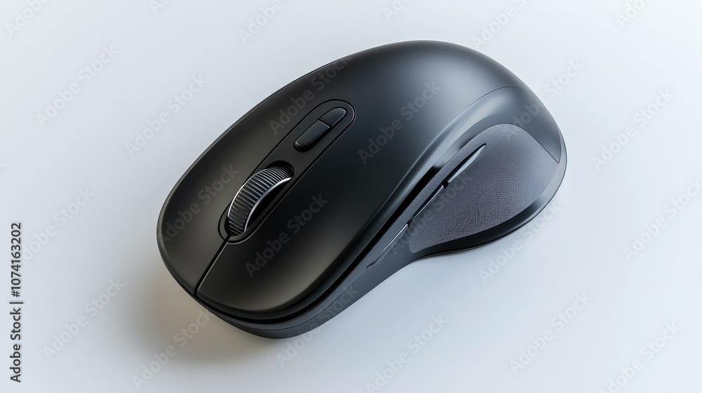 Studio shot of a black and grey ergonomic wireless mouse on a white background Features include a soft rubber grip scrolling buttons and a contoured design shown from above Studio shot of a black and grey ergonomic wireless mouse on a white background Features include a soft rubber grip scrolling buttons and a contoured design shown from above