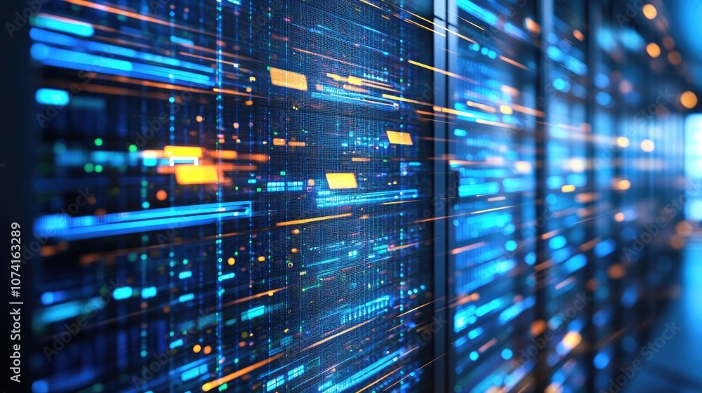 3D render of server racks in a data center focused on computer network security characterized by a dark blue ambiance 3D render of server racks in a data center focused on computer network security characterized by a dark blue ambiance