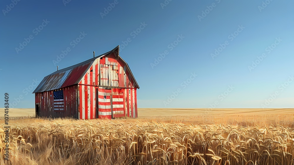 A weathered red barn with an American flag painted on it, stands in a golden wheat field under a clear blue sky A weathered red barn with an American flag painted on it, stands in a golden wheat field under a clear blue sky