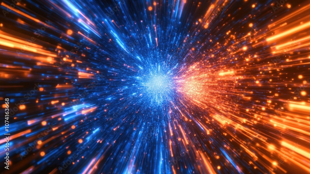 Dynamic 3D explosion design featuring vibrant blue bars against a radiant orange background in a square format Energy tunnel or stream effect highlighted Dynamic 3D explosion design featuring vibrant blue bars against a radiant orange background in a square format Energy tunnel or stream effect highlighted