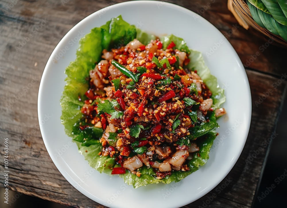 Spicy Pork Salad with Chili and Peanuts served on a bed of lettuce. Spicy Pork Salad with Chili and Peanuts served on a bed of lettuce.