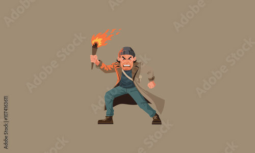 Angry man holding a flaming torch with intense expression.