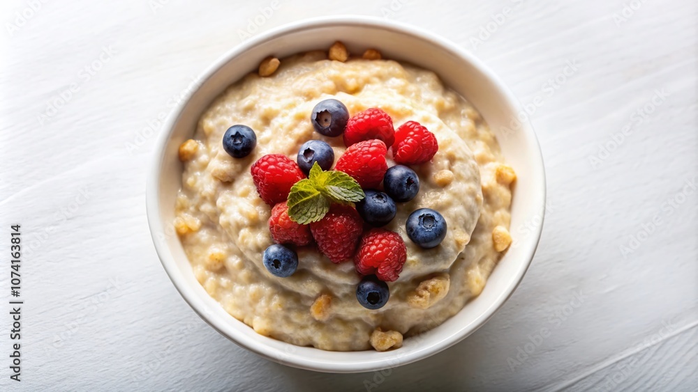 Top View of Creamy Oatmeal in a White Plate Isolated on a Clear Background, Perfect for Food Photography and Healthy Eating Concepts Top View of Creamy Oatmeal in a White Plate Isolated on a Clear Background, Perfect for Food Photography and Healthy Eating Concepts