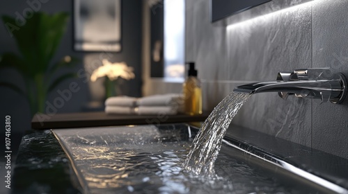 Stainless steel faucet with flowing water in a bathroom promoting energy conservation