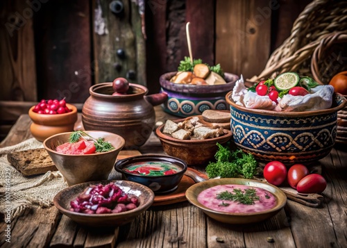 Traditional Dishes of Votkinsk, Udmurt Republic, Russia: A Culinary Journey Through Regional Flavors and Ingredients in a Vibrant Rustic Setting photo