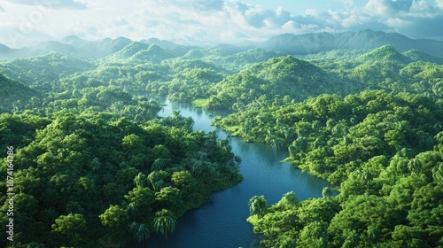 Aerial perspective of a lush forest highlighting environmental technology concepts and the principles of green transformation and sustainability