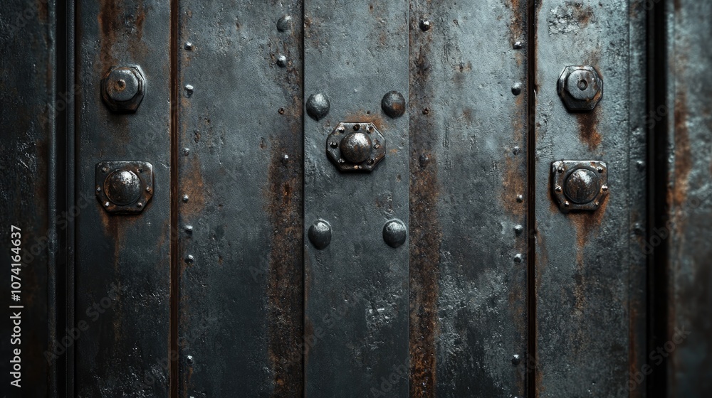 Fototapeta premium Close up of a weathered metal door with a rusty texture featuring a dark vignette for added depth
