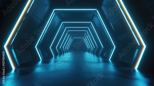 Abstract dark background featuring lines and spotlights with neon lighting creating a nighttime ambiance in an empty blue scene