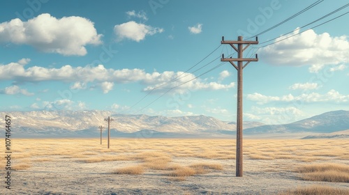 Wooden utility pole equipped with transformers in a barren landscape photo