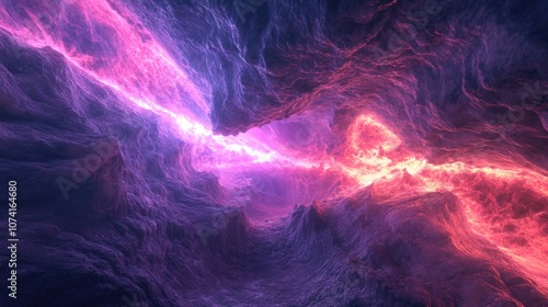 3D rendered abstract background featuring a neon light beam creating a tunnel like corridor with rock formations evoking a sense of motion through outer space