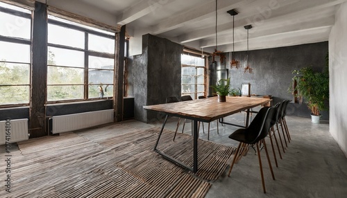 Industrial-Inspired Dining Room with Concrete Floors, Raw Wood Table, and Metal Chairs