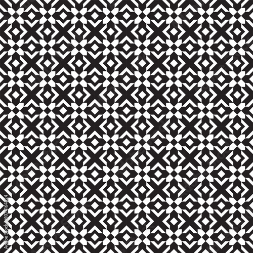 Seamless monochrome vector textures, black and white abstract geometric patterns with triangle, square and circle shapes. Design element for textile, print, fabric.