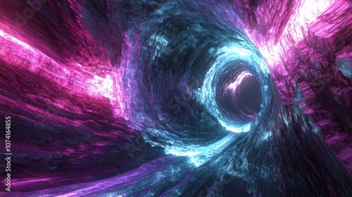 3D rendered abstract background featuring a neon light beam creating a tunnel like corridor with rock formations evoking a sense of motion through outer space