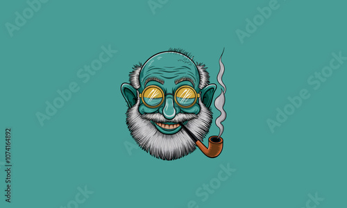 Smiling elderly man with beard and glasses, smoking pipe.