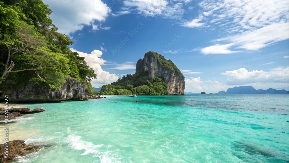 Tranquil Seascape of Tropical Andaman Sea Showcasing a Limestone Island Surrounded by Crystal Clear Waters and Gentle Waves in a Bokeh Effect for a Dreamy Atmosphere Tranquil Seascape of Tropical Andaman Sea Showcasing a Limestone Island Surrounded by Crystal Clear Waters and Gentle Waves in a Bokeh Effect for a Dreamy Atmosphere