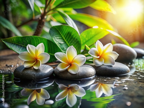 Tranquil Spa Relaxation Scene Featuring Frangipani Flowers, Smooth Stones, and Serene Water Elements for Ultimate Stress Relief and Wellness Experience in Nature