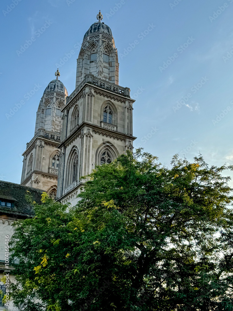 Zurich, Switzerland - July 26, 2024: The Grossmunster Cathedral in Zurich Switzerland
Zurich, Switzerland - July 26, 2024: The Grossmunster Cathedral in Zurich Switzerland