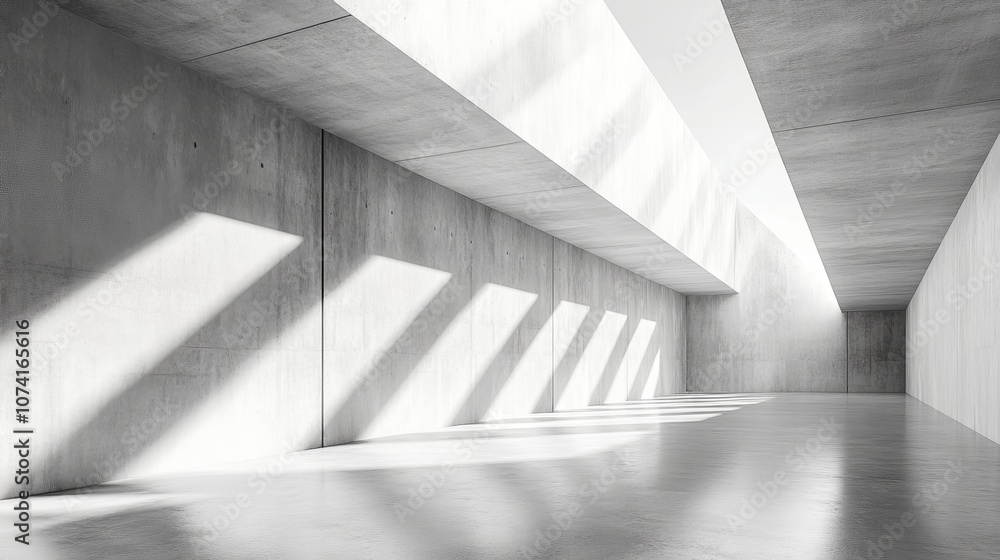 Fototapeta premium The modern white concrete triangular structure allows natural sunlight to enter through the skylight, creating indoor shadows. Highlighting the minimalist architectural style and clear lines