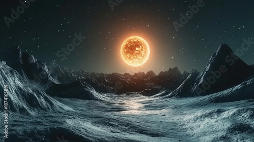 Beautiful exoplanet with exomoon illuminated by an alien star in a 3D cartoon rendering photo