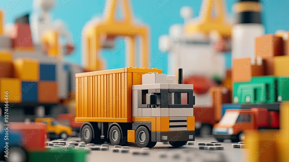 Fototapeta premium Colorful toy truck in a playful loading environment, vibrant background.