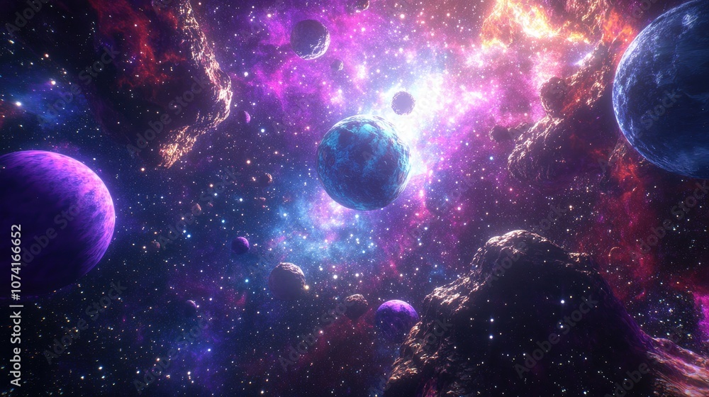 2D illustration featuring a 3D cartoon rendering of a vibrant space background It includes a deep expansive cosmos with stars planets and moons showcasing various creative science fiction settings 2D illustration featuring a 3D cartoon rendering of a vibrant space background It includes a deep expansive cosmos with stars planets and moons showcasing various creative science fiction settings