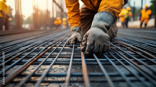 Worker Placing Rebar at Construction Site. Worker in yellow safety gear positions rebar on-site, emphasizing the foundational work and teamwork involved in construction projects.