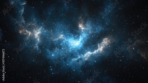 Bright stars in a deep space represented in 3D cartoon rendering Blue cold nebula against a dark night sky Dark interstellar space illustrated in 2D