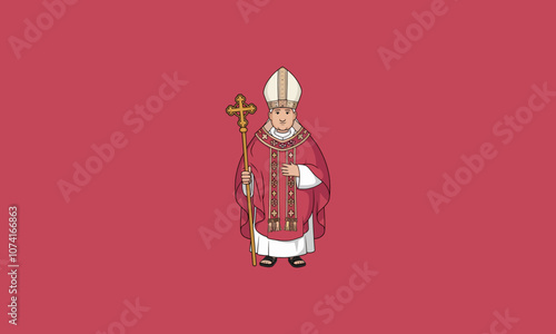 Cartoon bishop in ceremonial robes with staff illustration.