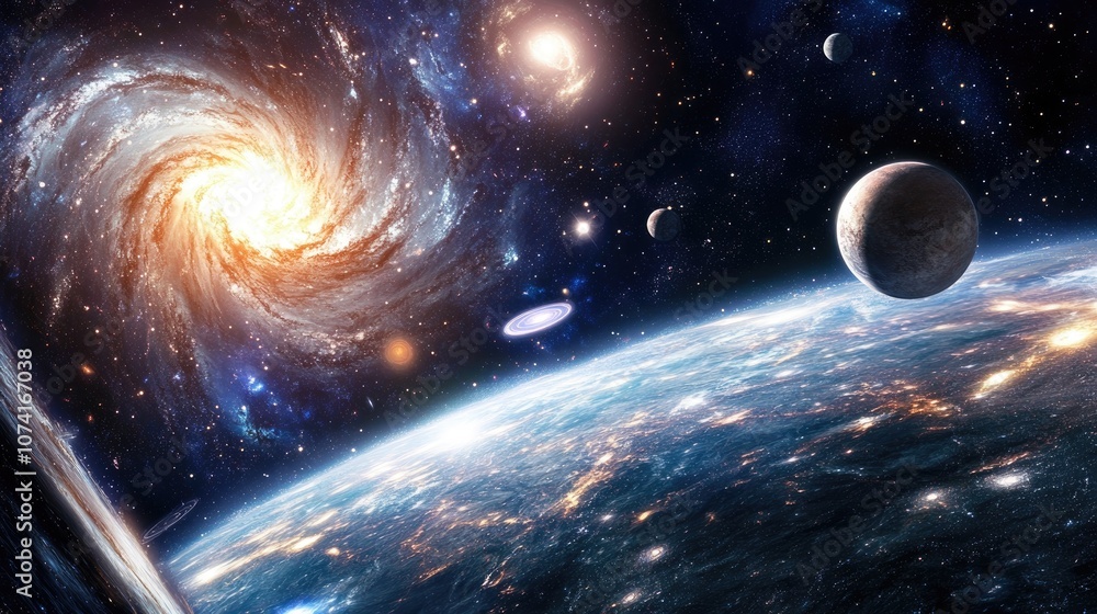 3D cartoon depiction of celestial bodies and a galaxy in open space 3D cartoon depiction of celestial bodies and a galaxy in open space