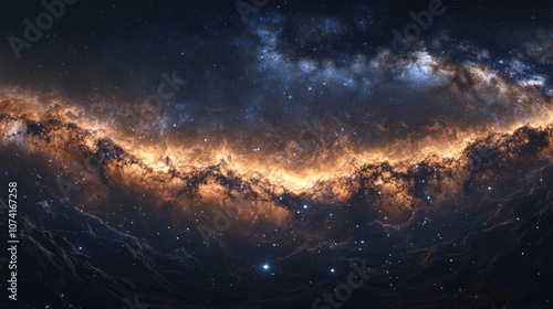 3D cartoon depiction of the Milky Way galaxy featuring stars and cosmic dust in the universe captured in a long exposure photograph with grain